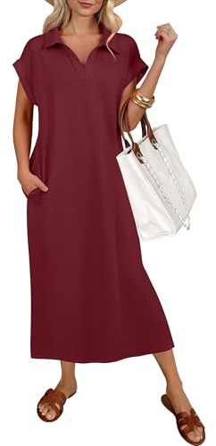 ANRABESS Womens Summer Casual Midi Dresses Short Sleeve Polo V Neck Loose Split Wrinkle-Free Beach Vacation Tshirt Maxi Dress Wine Red Large
