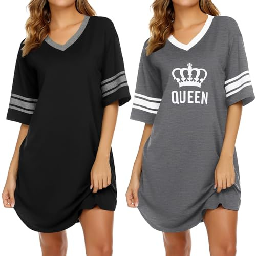 Ekouaer 2 Pack Nightgowns for Women Short Sleeve Sleepshirt V Neck Sleepwear Pajama Dress S-XXXL,Black+grey,XXXL