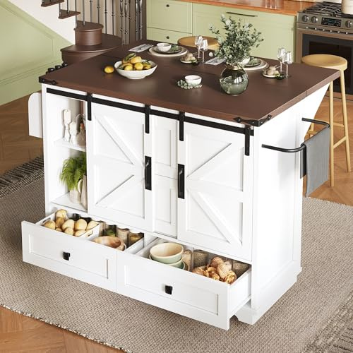 A ALFRESCOOL Mobile isola da cucina, carrello da cucina, tavolo da pranzo allungabile, armadio da cucina con tavolo pieghevole e spazio di archiviazione, con 3 cassetti e 2 ante dell'armadio, per