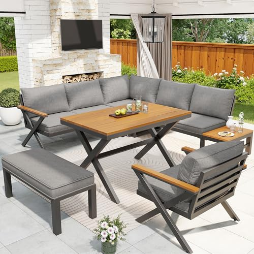 Xwiny Gartenmöbel-Set mit Verstellbaren Füßen undRobustem Metallrahmen, 6-teiliges, 2 Zweisitzer-Sofa, 1 Ecksofa, 1 Einzelsofa, 1 Hocker, 1 Tisch, Alle Kissen Inklusive (Grau)
