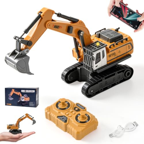 LTFIOON Mini Pelleteuse Télécommandée 1:64, Pelleteuse RC en Alliage avec Application & Télécommande 2,4 GHz, Jouet Pelleteuse RC avec Lumières et Sons, 3 Vitesses, Rechargeable USB