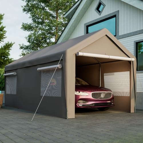 Tältgarage carport, 6 x 3 x 2,8 m garagetält vintersäker, rulldörrar och ventilerade fönster, betetält, lagertält, garage skydd, garagetak för bil, SUV, lastbil, båt (grå, 6 x 3 x 2,8 m)