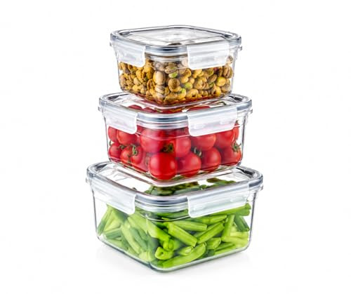 MECSAL CASALINGHI Set 3 Contenitori Ermetici Quadrati per Alimenti 900 1500 2400 ml, BPA Free, Plastica Trasparente Salvaspazio per Frigo Freezer e Dispensa