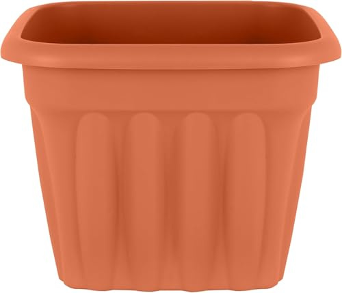 40cm Traditional Ribbed Square Terracotta Planter – Large Lightweight Plastic Plant Pot with Drainage Holes, Weather Resistant Decorative Garden Flower Pot for Indoor Outdoor Patio & Balcony Use