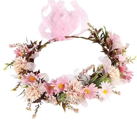 Bröllopsblomkrans konstgjorda blommor pannband plast blomma fe aura blomkrona pärla dekorerad blomkrans brud (rosa)