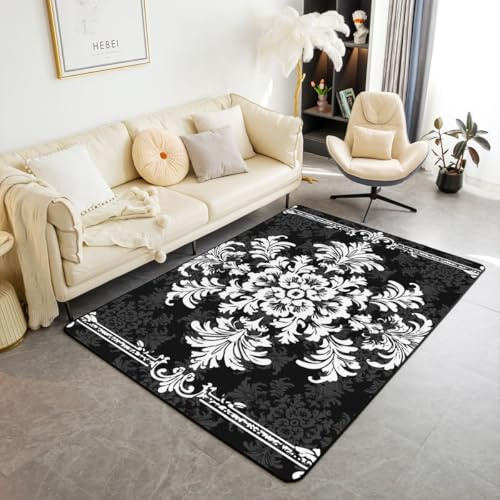 Homemissing Alfombra jacquard de 150 x 200 cm, poliéster, damasco, para sala de estar, dormitorio, retro, hippie, decoración de flores, vintage, bohemio, floral, para interiores, color negro, blanco