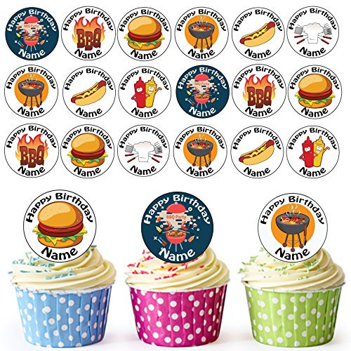 AK Giftshop BBQ Summer Mix 24 Personalised Edible Cupcake Toppers/Birthday Cake Decorations - Easy Precut Circles