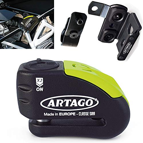 Artago 30X1 Pack Antivol Bloque-Disque avec Alarme 120db Haute Sécurité + Support pour BMW (R1250GS, R1200GS, F850GS, F750GS, F700GS, G310GS, F900XR), Homologué SRA et Sold Secure Gold, Noir/Jaune