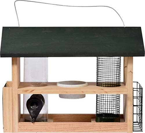 dobar 11518FSC große Futtersäule 7-in-1 - Vogelfutterstation Holz - Vogelfutterspender zum Hängen - Multifunktions-Vogelhaus - Vogelfutterhaus - Futterplatz für Wildvögel - 39 x 19 x 29 cm - Grün