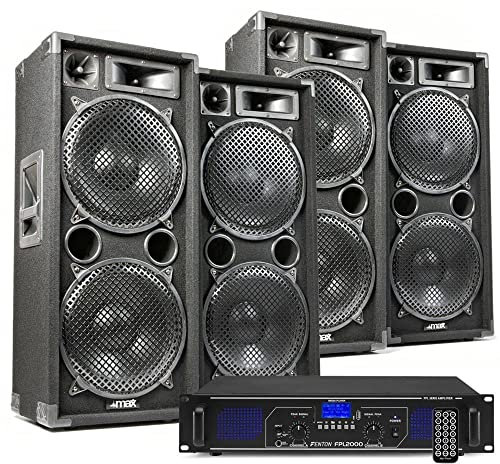 Fenton MAX212 + FPL2000 - Set DJ 5600W con 4 Altavoces Doble 12 y Amplificador Digital Clase D Bluetooth con USB/SD, Mando a Distancia, Pantalla LCD e iluminación LED Azul Profesional