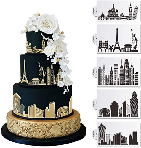 DUBENS 5-teiliges Set Wahrzeichen Gebäude Kunststoff Kuchen Schablonen Vorlage für Fondant Kuchen Dekorieren Lieferungen Decor Stencil Mold Weiß