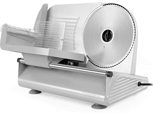 Cortadora metálica. Potencia 150 W. Cuchilla de acero inox. Ajuste del grosor de corte. Bandeja para el fiambre.