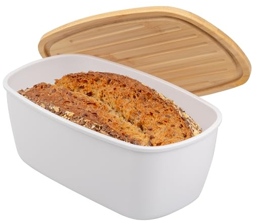 bremermann Brotkasten mit Bambus-Deckel, Brotbox mit Schneidebrett, Brottopf, weiß, oval