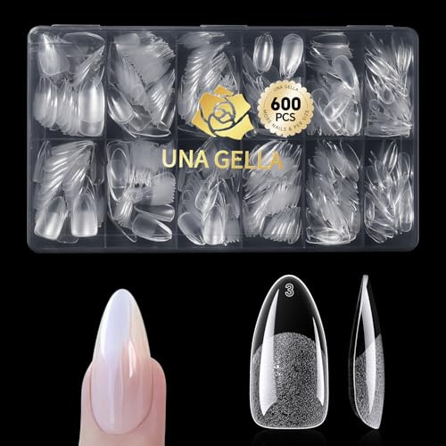 UNA GELLA 600 Pcs Almond Gel Nail Tips, Pre Etched Medium Almond Nail Tips, 12 Sizes Full Cover Fake Clear Press On Nails for Flat & Curved Nails Bed Extension Home DIY Salon