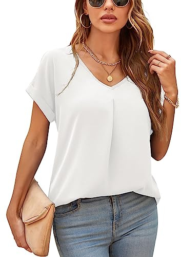 Yommay Blouses for Womens V Neck Ladies Tops Summer Chiffon Blouses Tops Short Sleeve Casual T Shirts(White,Medium)