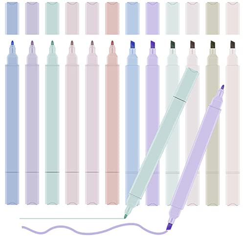 Meetory 12 stycken överstrykningspenna pastell – 12 färger 2-i-1 highlighter Pen dubbelhuvud färgglada överstrykningspenna text markörer skolmaterial markörer pastell för journaling ta skolkontor