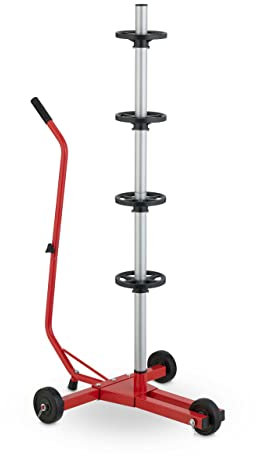 Relaxdays Felgenbaum fahrbar, bis 225 mm Reifenbreite, Reifenständer für 4 Autoreifen, bis 100 kg, felgenschonend, rot