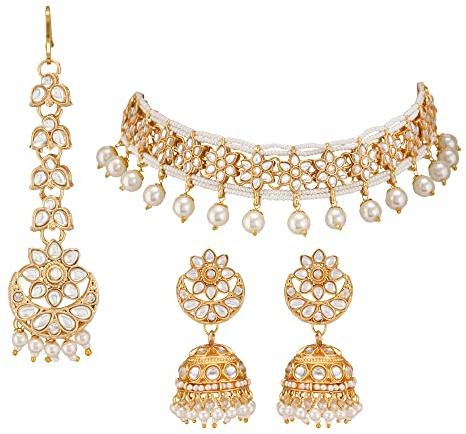 Jwellmart Gold Plated Faux Kundan Pearl Bridal Wedding Choker Necklace Earrings Tika Combo Set Bollywood Party Traditional Fashion Indian Jewelry Jewellery Set for Women (Gold)