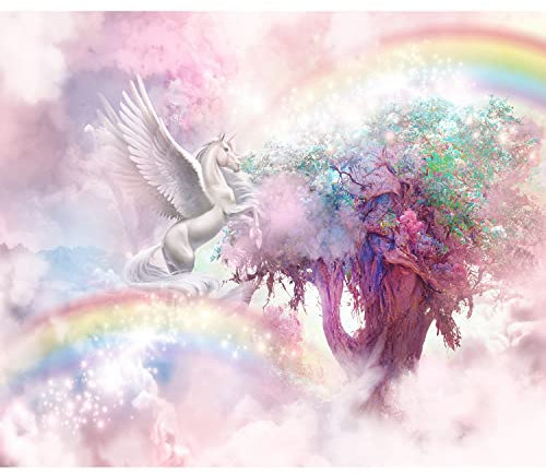 murando Fototapete Premium-Vlies Einhorn 300x210cm Foto Tapete Schlafzimmer Wohnzimmer Moderne Vliestapete XXL Wandtapete Motivtapeten Bildtapete 3d Effekt Wand Dekoration Baum Regenbogen Tier Natur