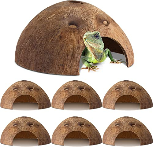 Woanger 6 Pcs Natural Coconut Reptile Hideouts Lizard Coco Hut Hermit Crab Hut Hide Toys for Lizard Tarantulas Geckos Snake Hermit Crab Supplies Small Reptile and Mammals Habitat Gift