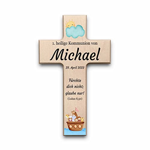 CHRISCK design Individuelles Taufkreuz zum Aufhängen - aus geschliffenem Holz mit Buntem UV-Druck | einzigartiges Geschenk zur Taufe, Kommunion, Konfirmation...