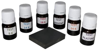 Kit 6 flacons à spatule test bijoux testeur pour l' or 9 K, 14 K, 18 K, 24 K, l'argent et le platine prêt à l'emploi avec pierre de touche naturelle+ notice offerte