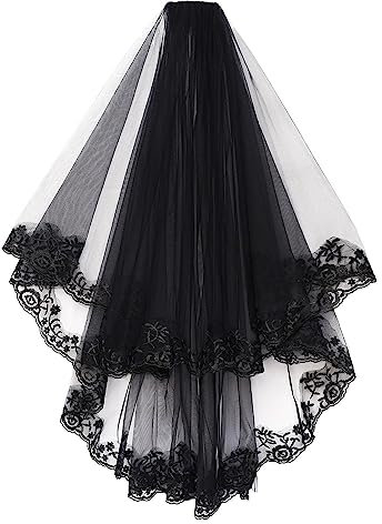 Brautschleier Schwarz Halloween Schleier Spitze Witwenschleier mit Kamm Haarschmuck Ellenbogen Länge Haarreif Dekoration Gothic Hexen Kostü Accessoires für Karneval Fasching Cosplay