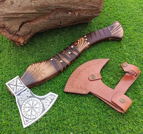 Wikingeraxt aus Karbonstahl, Panierte Axt, Fantasie-Axtkopf, geschmiedete Axt, 48,3 cm – Beil Krieger Wurfaxt, rasiermesserscharf funktional, Kampfbereit