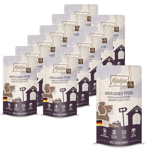 MjAMjAM - Cibo umido premium per cani - Quetschie - puro godimento di carne - delizioso cavallo puro, confezione da 12 (12 x 125 g), senza cereali con carne extra