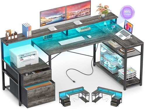 Aheaplus L Shaped Desk with File Drawer, Reversible L Shaped Computer Desk Gaming Desk with Power Outlet & LED Strip, Home Office Desk with Monitor Shelf, Corner Desk with Storage Shelves, Grey Oak