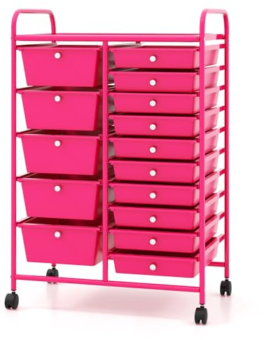 COSTWAY Rollwagen mit 15 stapelbaren Schubladen, Rosarot | Rollcontainer mit Metallgestell & Ablagefläche, Badrollwagen Aufbewahrungswagen für Büro, Wohnzimmer, 62,5 x 37 x 87 cm