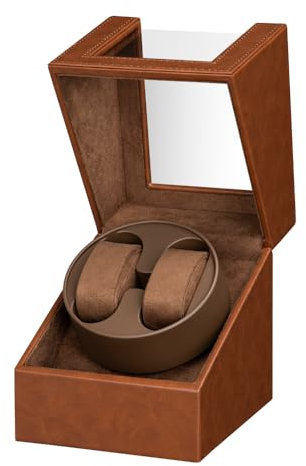 LINGFANSTORE Caja Giratoria Automática de Reloj, con Motor Mabuchi Silencioso, Funcionamiento con Batería o Fuente de Alimentación de Cuero PU (Marrón-135f)