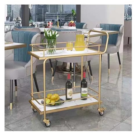 Moderner Barwagen mit 2 Ebenen, goldfarben, für Zuhause, mit Rollen, mobiler Küchen-Servierwagen für Getränke und Wein, Getränke-Bartisch für Küche, Esszimmer, Wohnzimmer, bodenstehendes