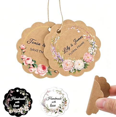 Personalisierte Geschenkanhänger für Kleidung, individuelle Geschenkanhänger, individuelle Geschenketiketten, Hochzeitsartikel, Geburtstagsparty, Gastgeschenke mit Schnur (Blumenform)