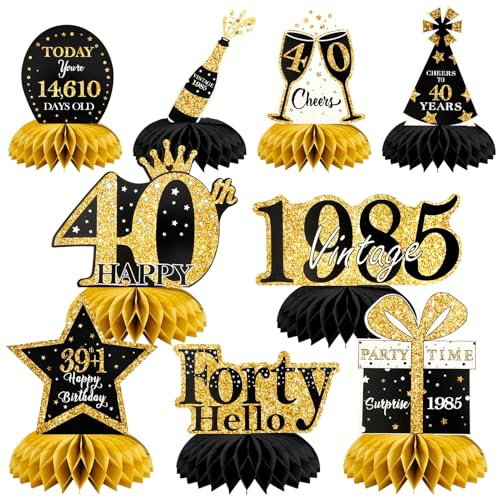 9 Piezas Cumpleaños Mesa Panal Centros,Decoración Cumpleaños,Decoración Mesa ,Adornos Negros y Dorados,de Fiesta para Hombres y Mujeres (40-HB)