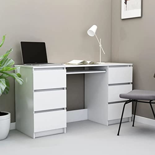 FENLAX Schreibtisch Büro Weiß 140x50x77 cm Holzwerkstoff Wohnheime Arbeitsbereich mit 6 Schubladen Computertisch Aufbewahrung von Büchern Zeitschriften Akten Arbeitstisch