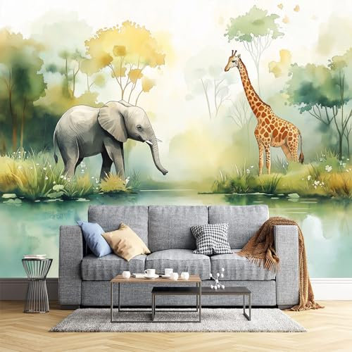 JEDTAKCT 300X210Cm Seidetapete Elefant, Giraffetapete Elegance Tapete Im Grüner Wald Design Tapete Wandtapete Wohnzimmer Schlafzimmer Flur Strukturtapete