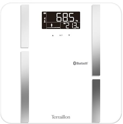 TERRAILLON - X LINE CONNECT - Balance connectée Bluetooth, Impédancemètre, Analyse des masses graisseuse, musculaire, hydrique, osseuse et viscérale, IMC, Capacité 180 kg, Plateau verre, Blanc