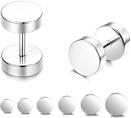 Uwiyo 6 Pairs Stud Earrings, Stainless Steel Dot Stud Earring for Men Women Silver Black Screw Flat Back Earring Fake Plug Screwback Earrings Piercing Set Unisex, 3-8mm (Silver)