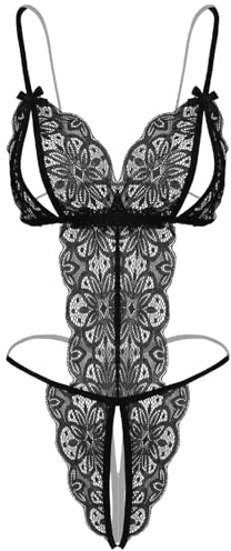 GWAWG Sexy Nightwear for Women Lace Bodysuit One Piece Naughty Lingerie Deep V-Neck Stretch Negligee Sleepwear Hollow Out Teddy Bodycon Jumpsuit (Black, One Size)