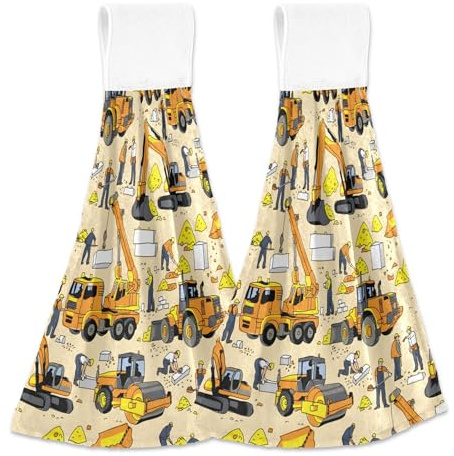 Yellow Construction Equipment Hand Towel with Loops for Hanging Custom Oven Fingertip Towel Set of 2 Absorbent Towels for Kitchen Bathroom, 18.2 x 14 Inch