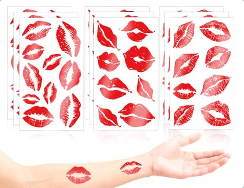 AOYEGIC Lot de 9 Tatouages ​​Temporaires Lèvres Rouges, Autocollants Décoratifs Réalistes et Imperméables, Décoration de Bouche en Forme de Bisou, Accessoires de Carnaval, pour Halloween