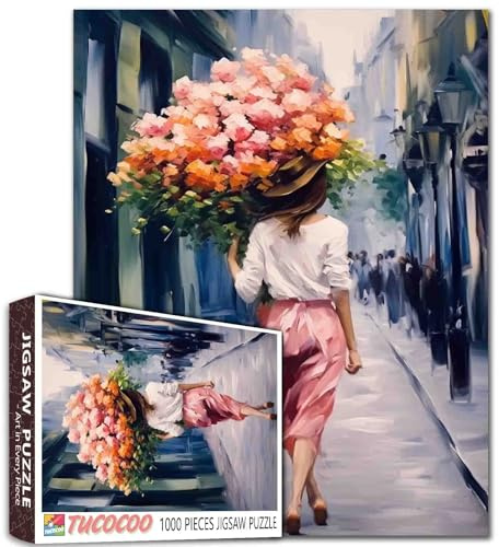 Casse-tête de 1000 pièces pour adultes tenant un bouquet de femme - Puzzle de femme qui marche dans la rue - Puzzle pour décoration murale - Bricolage - Puzzle femme - Fleurs d'art pour décoration