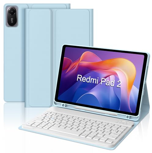 JADEMALL Coque Clavier pour Redmi Pad 2 11.2 Pouces 2025, AZERTY Français Bluetooth Magnétique Détachable avec Fente pour Stylo pour Tablette Xiaomi Redmi Pad 2 11 2025, Bleu Ciel