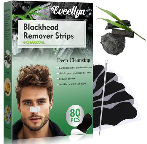 Eveellyn Blackhead Remover Strips, 80 Pcs Charcoal Nose Strips for Deep Cleansing, Removes Blackheads and Unclogs Pores, Suitable for All Skin Types, For Men and Women