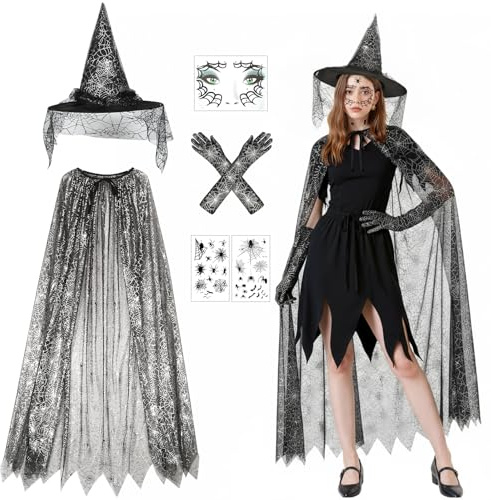 Beipegin Hexenkostüm Damen Halloween Kostüm Damen Hexe Spinnenkostüm, 5PCS | Hexenhut Spinnennetz Umhang Hexe Handschuhe Mask Spinnen Tattoo Gesicht, Halloween Spinnen Kostüm Zubehör Verkleidung Cosplay