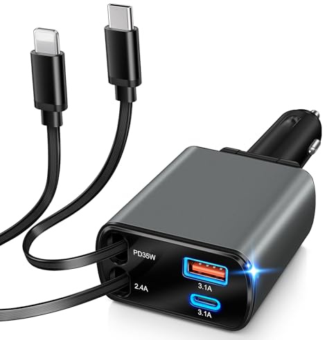 77W Zigarettenanzünder USB C, Einziehbares Auto Ladegerät | 4 in 1 Schnellladegerät PD QC, kompatibel für iPhone 17 16 15 14 13, Galaxy 26 25, Tablet, 12V/24V Reise-Wohnmobil-Zubehör