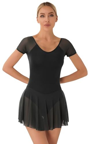 Hansber Ballet Robe Femmes Tutu Manches Courtes Tenue De Danse Entraînement Mesh Patchwork Body Dos Nu Leotard Avec Jupe Enveloppée Vêtements De Danse Noir M