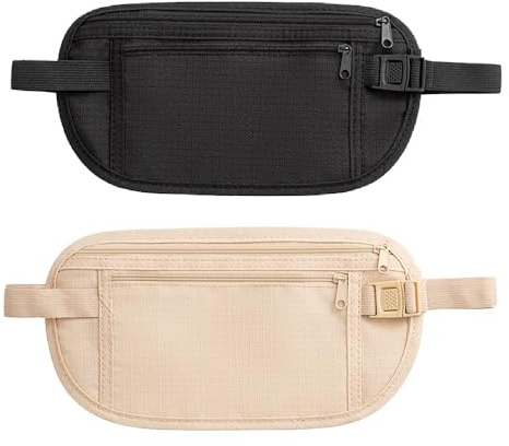 AZWOOD 2Pcs Travel Money Belts, Hidden Anti-Theft Waterproof Pouch with Adjustable Waist Strap, Lightweight Organizer for Cash, Passport, Phone, for Men Women Jogging Hiking Walking