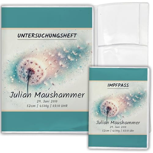 Personalisierte U-Heft Hülle & Impfpasshülle, 3-teilig, Pusteblume | Set 2-teilig oder 3-teilig, mit Name & Geburtsdaten, Geschenk zur Geburt